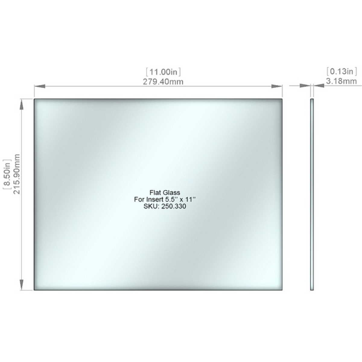 Flat Tempered Glass 8 1/2'' x 11'', NO pre-drilled holes