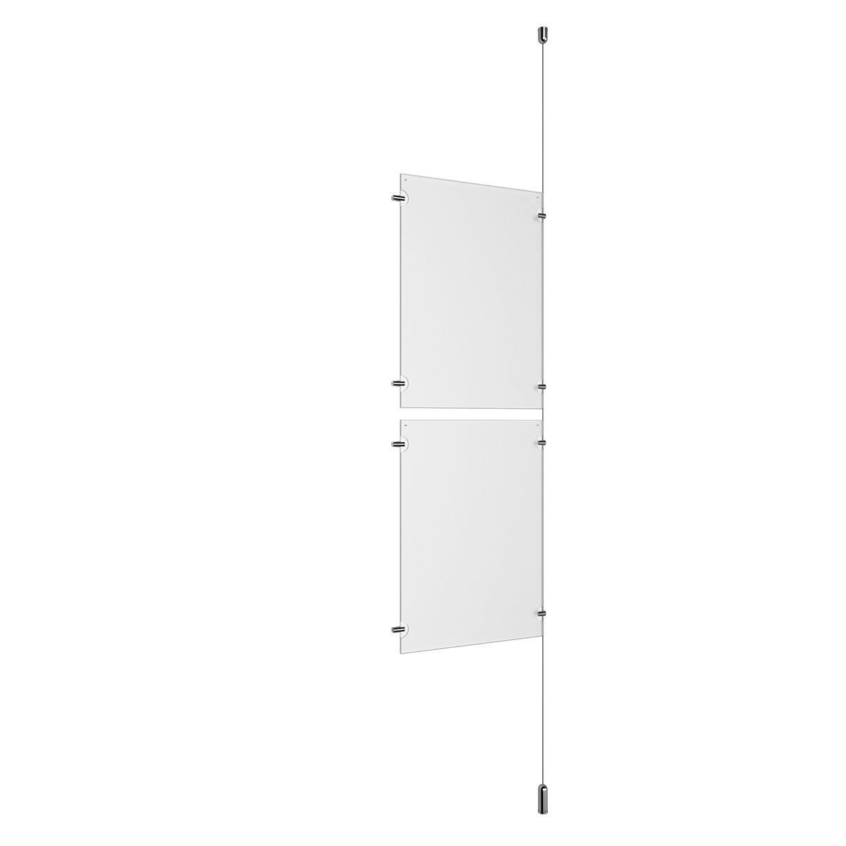 (2) 11'' Width x 17'' Height Clear Acrylic Frame & (1) Ceiling-to-Floor Aluminum Clear Anodized Cable Systems with (4) Single-Sided Panel Grippers (4) Double-Sided Panel Grippers