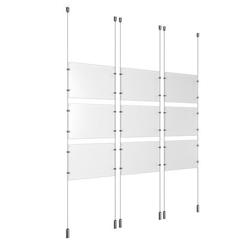(9) 11'' Width x 8-1/2'' Height Clear Acrylic Frame & (6) Ceiling-to-Floor Aluminum Clear Anodized Cable Systems with (36) Single-Sided Panel Grippers