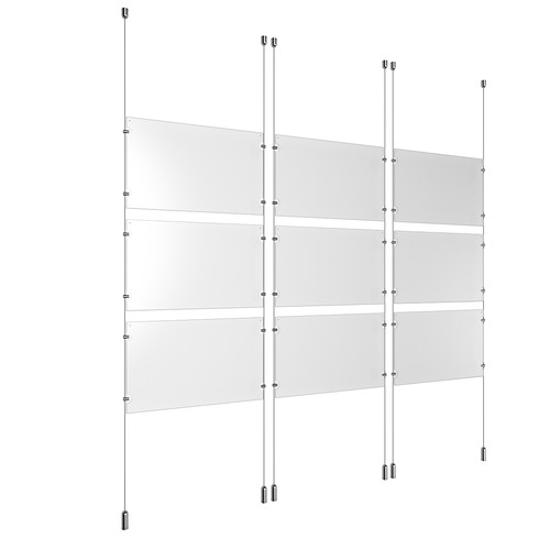 (9) 17'' Width x 11'' Height Clear Acrylic Frame & (6) Ceiling-to-Floor Aluminum Clear Anodized Cable Systems with (36) Single-Sided Panel Grippers