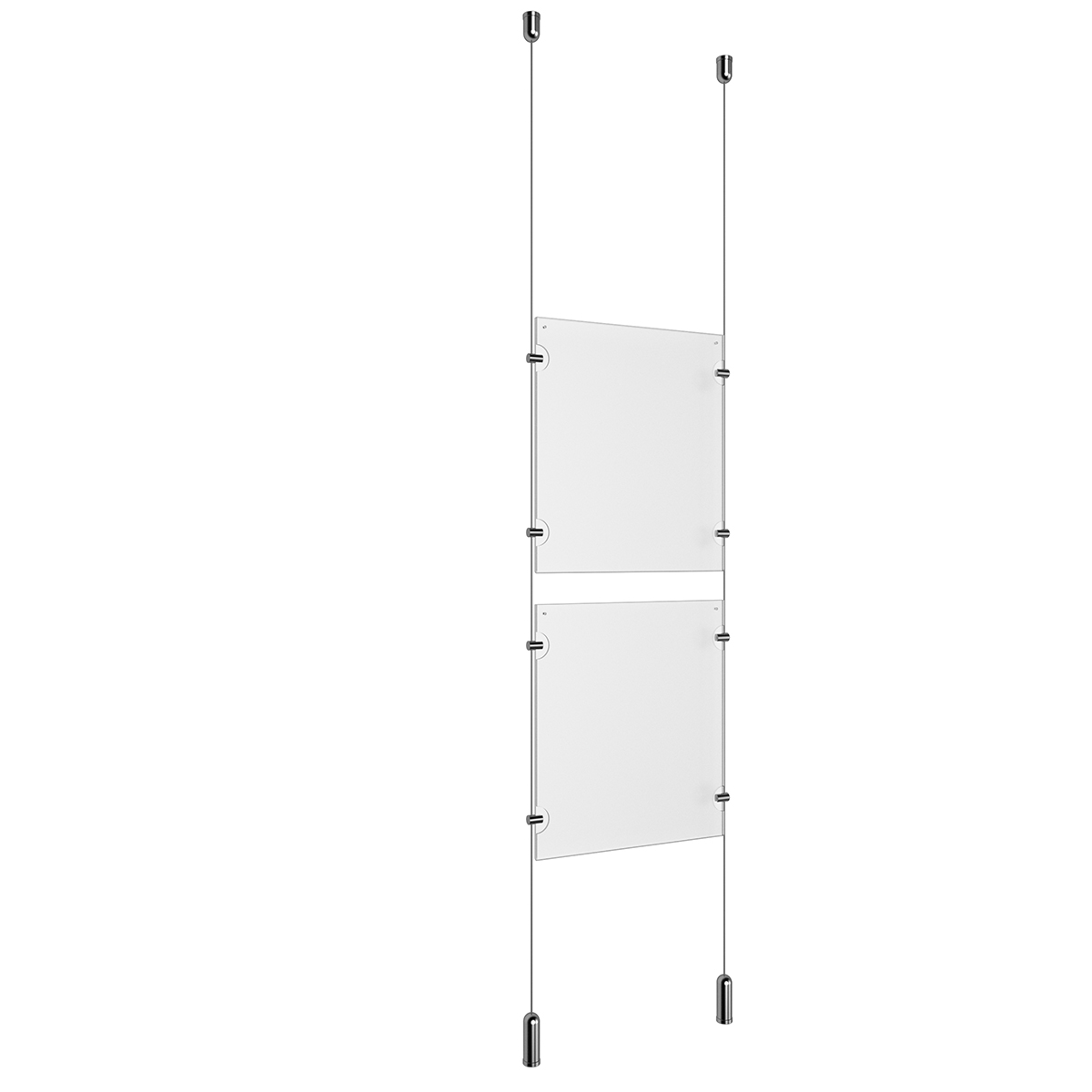 (2) 8-1/2'' Width x 11'' Height Clear Acrylic Frame & (2) Ceiling-to-Floor Aluminum Clear Anodized Cable Systems with (8) Single-Sided Panel Grippers