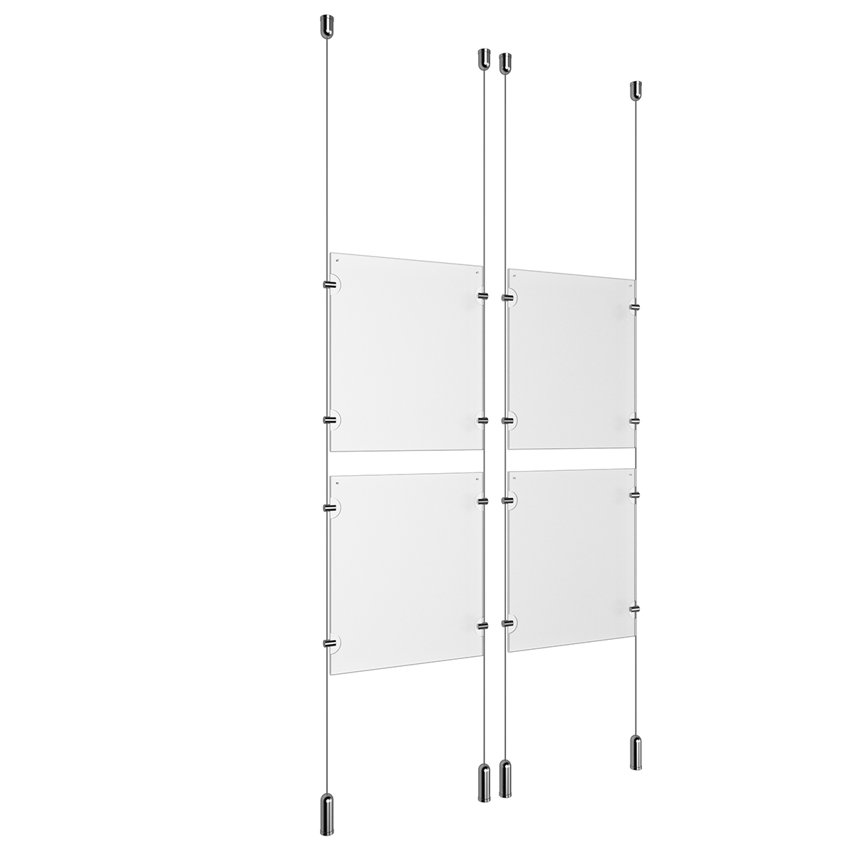 (4) 8-1/2'' Width x 11'' Height Clear Acrylic Frame & (4) Ceiling-to-Floor Aluminum Clear Anodized Cable Systems with (16) Single-Sided Panel Grippers