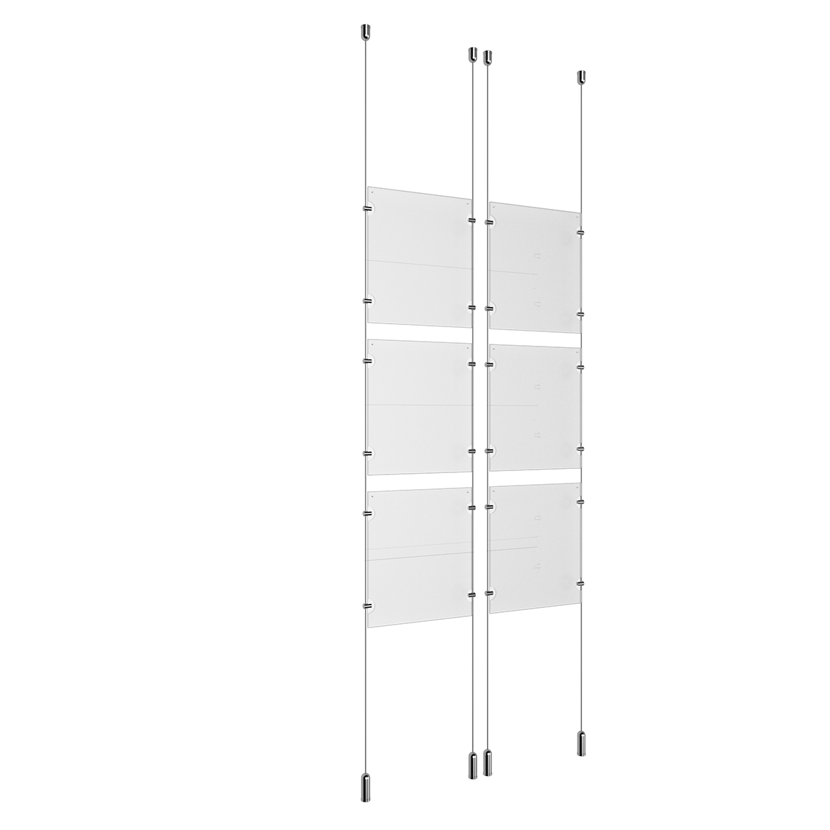 (6) 8-1/2'' Width x 11'' Height Clear Acrylic Frame & (4) Ceiling-to-Floor Aluminum Clear Anodized Cable Systems with (24) Single-Sided Panel Grippers