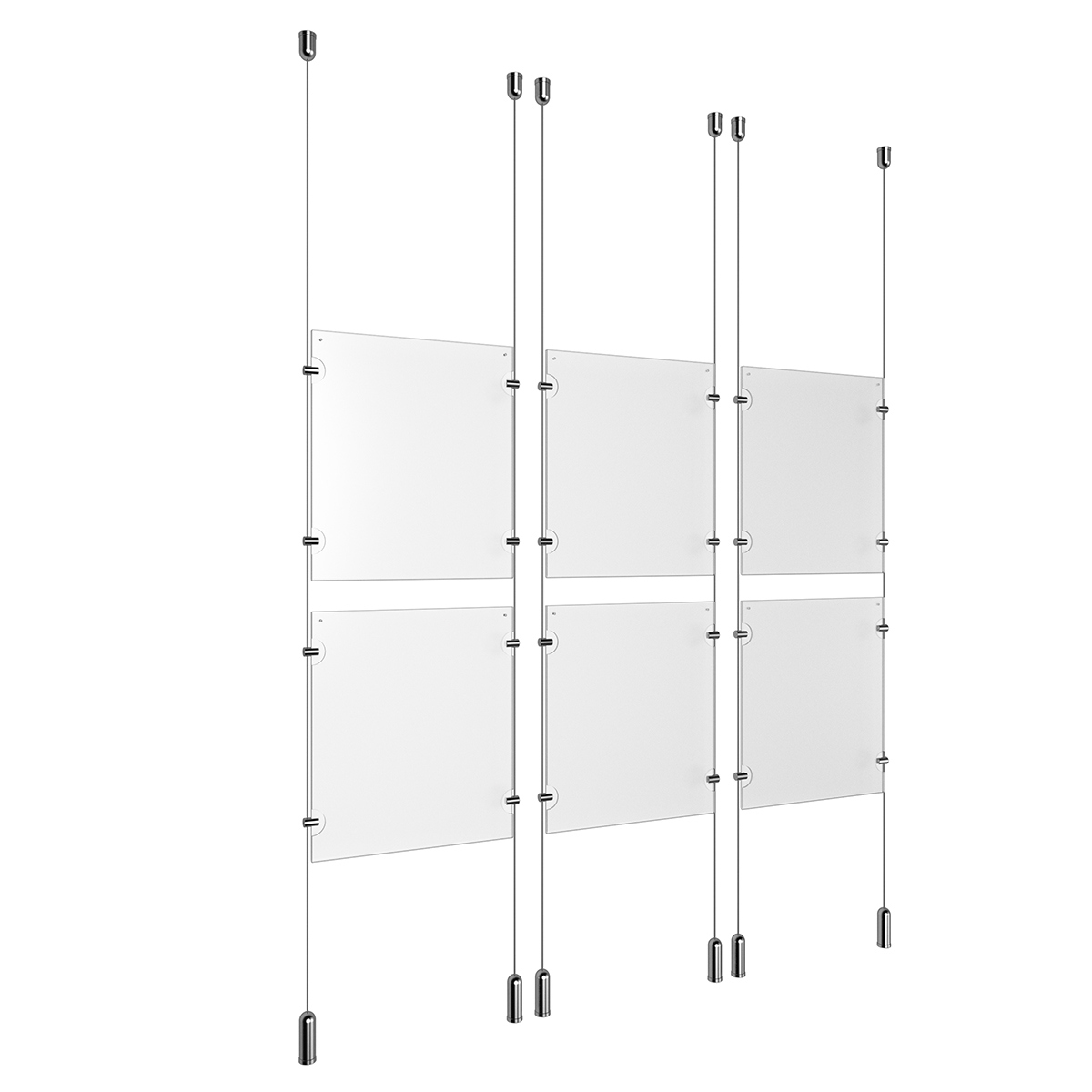 (6) 8-1/2'' Width x 11'' Height Clear Acrylic Frame & (6) Ceiling-to-Floor Aluminum Clear Anodized Cable Systems with (24) Single-Sided Panel Grippers