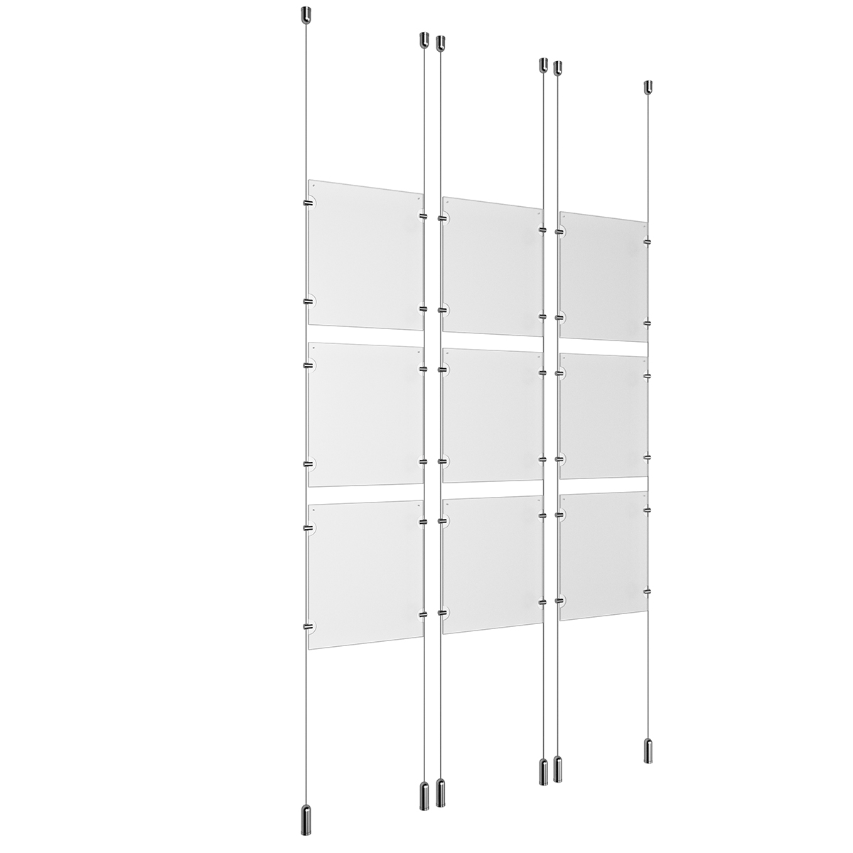 (9) 8-1/2'' Width x 11'' Height Clear Acrylic Frame & (6) Ceiling-to-Floor Aluminum Clear Anodized Cable Systems with (36) Single-Sided Panel Grippers