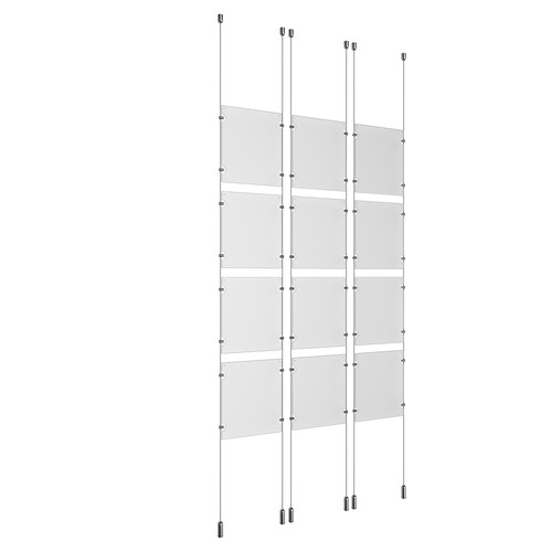 (12) 8-1/2'' Width x 11'' Height Clear Acrylic Frame & (6) Ceiling-to-Floor Aluminum Clear Anodized Cable Systems with (48) Single-Sided Panel Grippers
