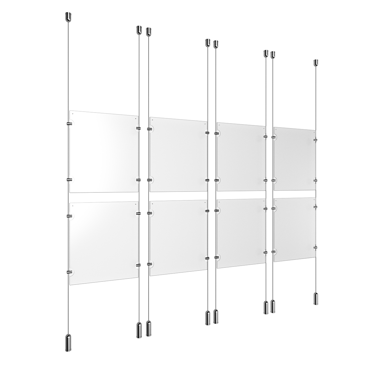 (8) 8-1/2'' Width x 11'' Height Clear Acrylic Frame & (8) Ceiling-to-Floor Aluminum Clear Anodized Cable Systems with (32) Single-Sided Panel Grippers