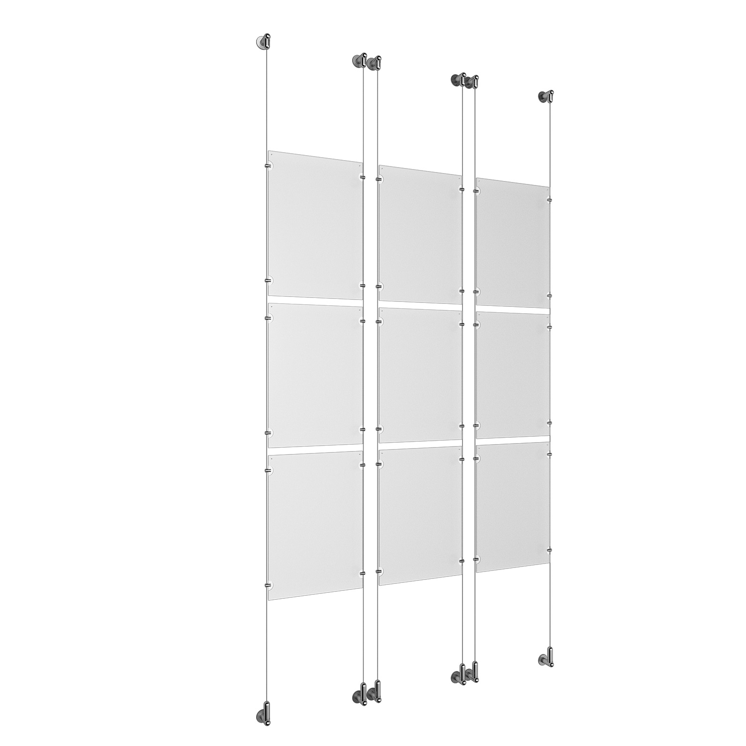 (9) 11'' Width x 17'' Height Clear Acrylic Frame & (6) Wall-to-Wall Aluminum Clear Anodized Cable Systems with (36) Single-Sided Panel Grippers