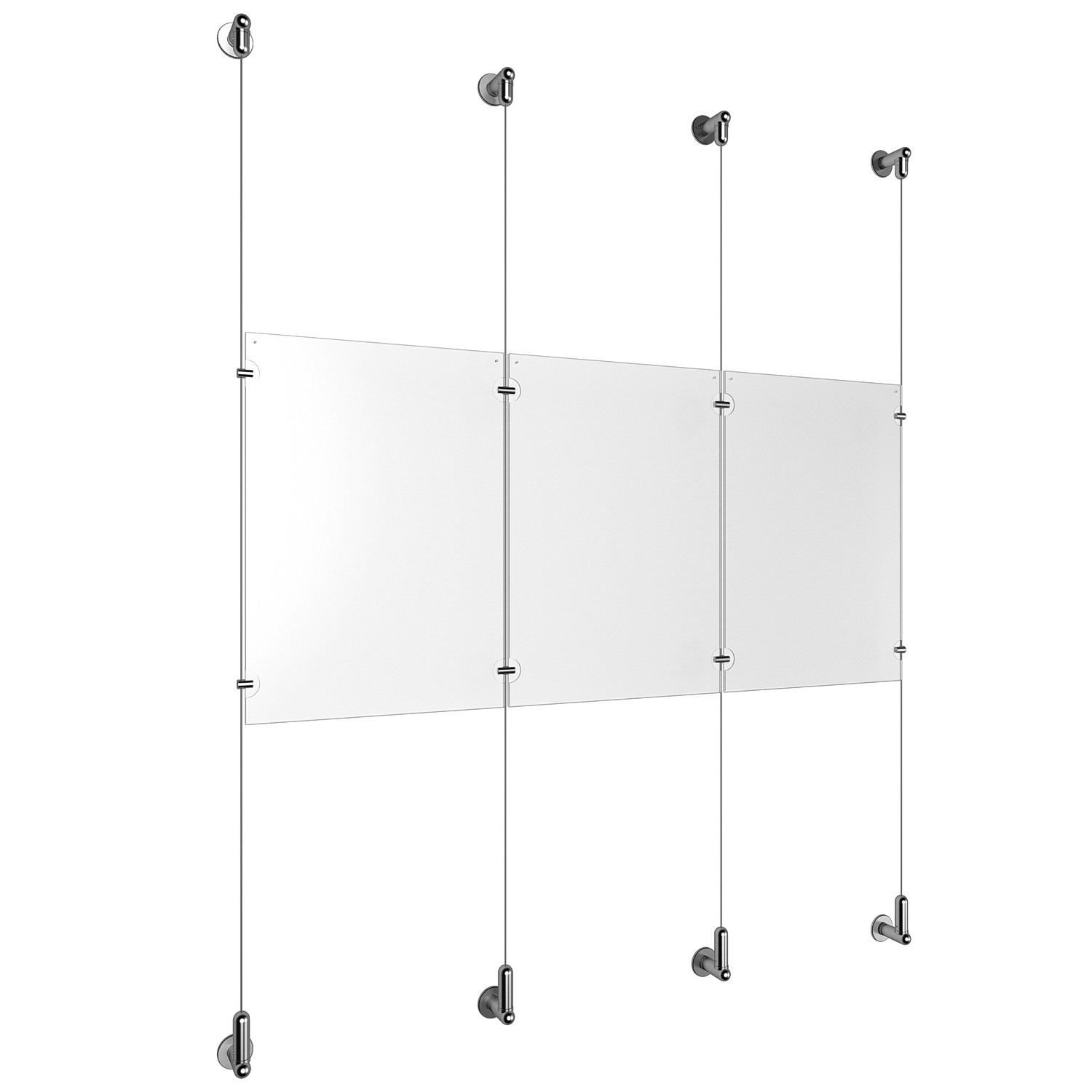 (3) 11'' Width x 17'' Height Clear Acrylic Frame & (4) Wall-to-Wall Aluminum Clear Anodized Cable Systems with (4) Single-Sided Panel Grippers (4) Double-Sided Panel Grippers