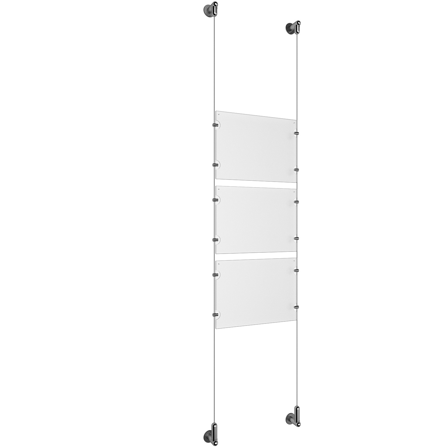 (3) 11'' Width x 8-1/2'' Height Clear Acrylic Frame & (2) Wall-to-Wall Aluminum Clear Anodized Cable Systems with (12) Single-Sided Panel Grippers