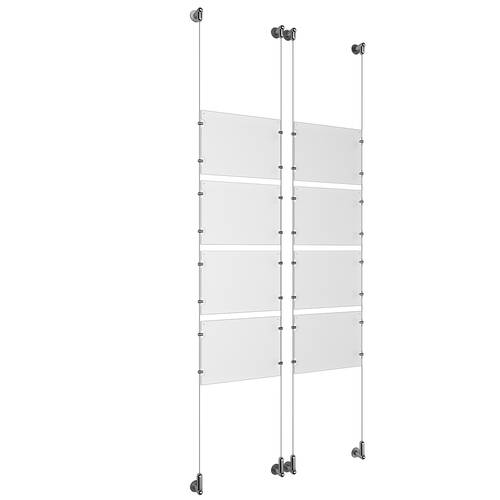 (8) 11'' Width x 8-1/2'' Height Clear Acrylic Frame & (4) Wall-to-Wall Aluminum Clear Anodized Cable Systems with (32) Single-Sided Panel Grippers