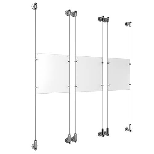 (3) 8-1/2'' Width x 11'' Height Clear Acrylic Frame & (6) Wall-to-Wall Aluminum Clear Anodized Cable Systems with (12) Single-Sided Panel Grippers