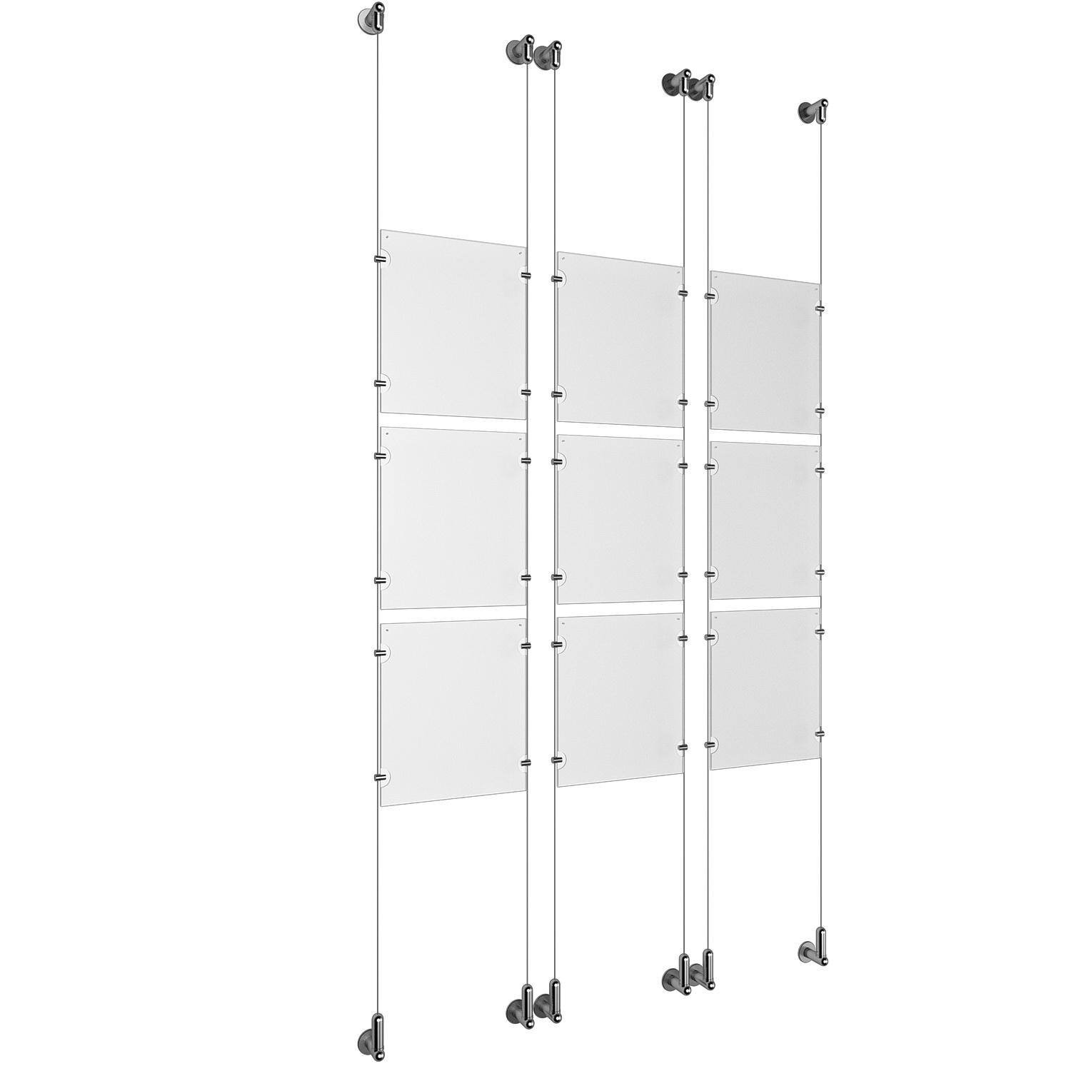 (9) 8-1/2'' Width x 11'' Height Clear Acrylic Frame & (6) Wall-to-Wall Aluminum Clear Anodized Cable Systems with (36) Single-Sided Panel Grippers