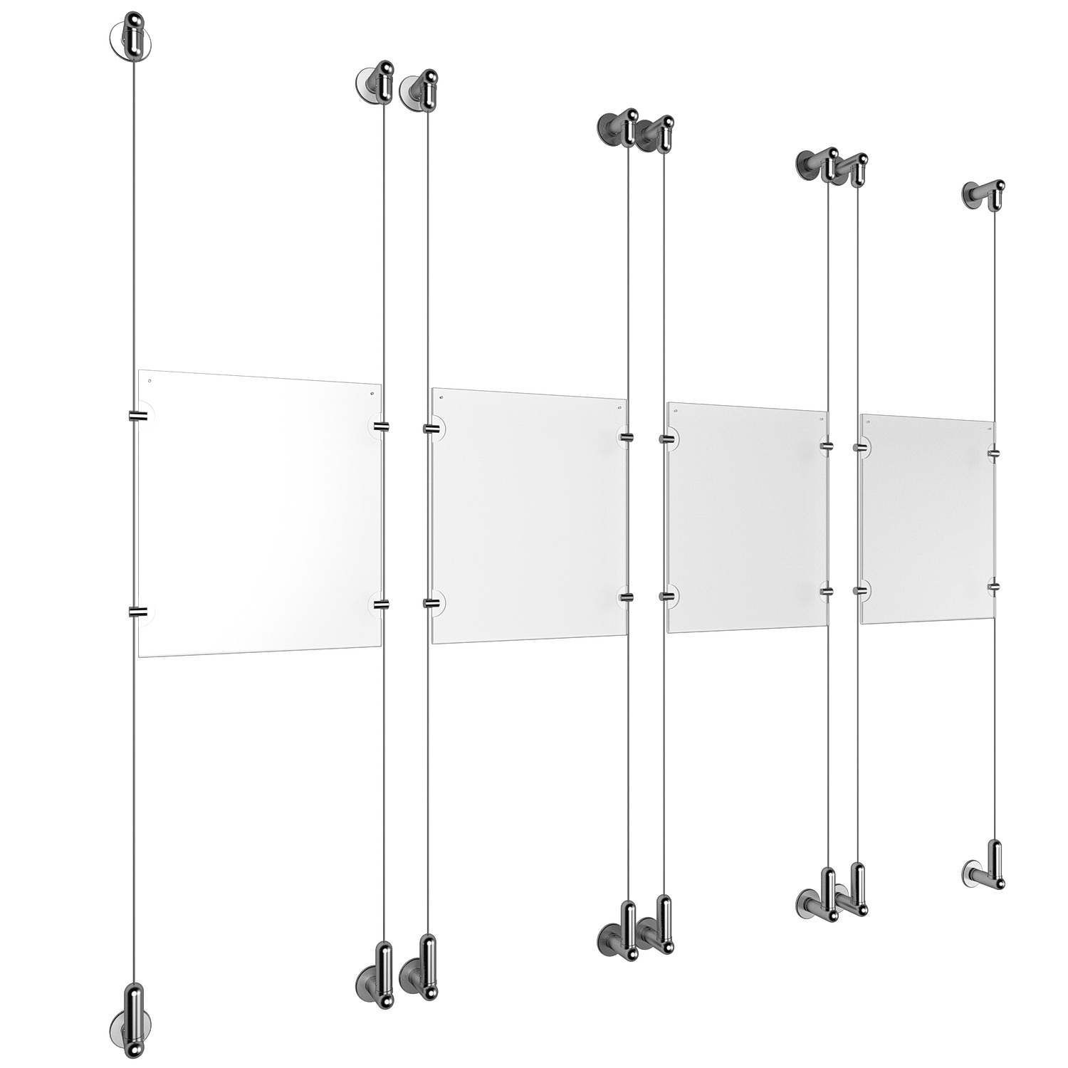 (4) 8-1/2'' Width x 11'' Height Clear Acrylic Frame & (8) Wall-to-Wall Aluminum Clear Anodized Cable Systems with (16) Single-Sided Panel Grippers