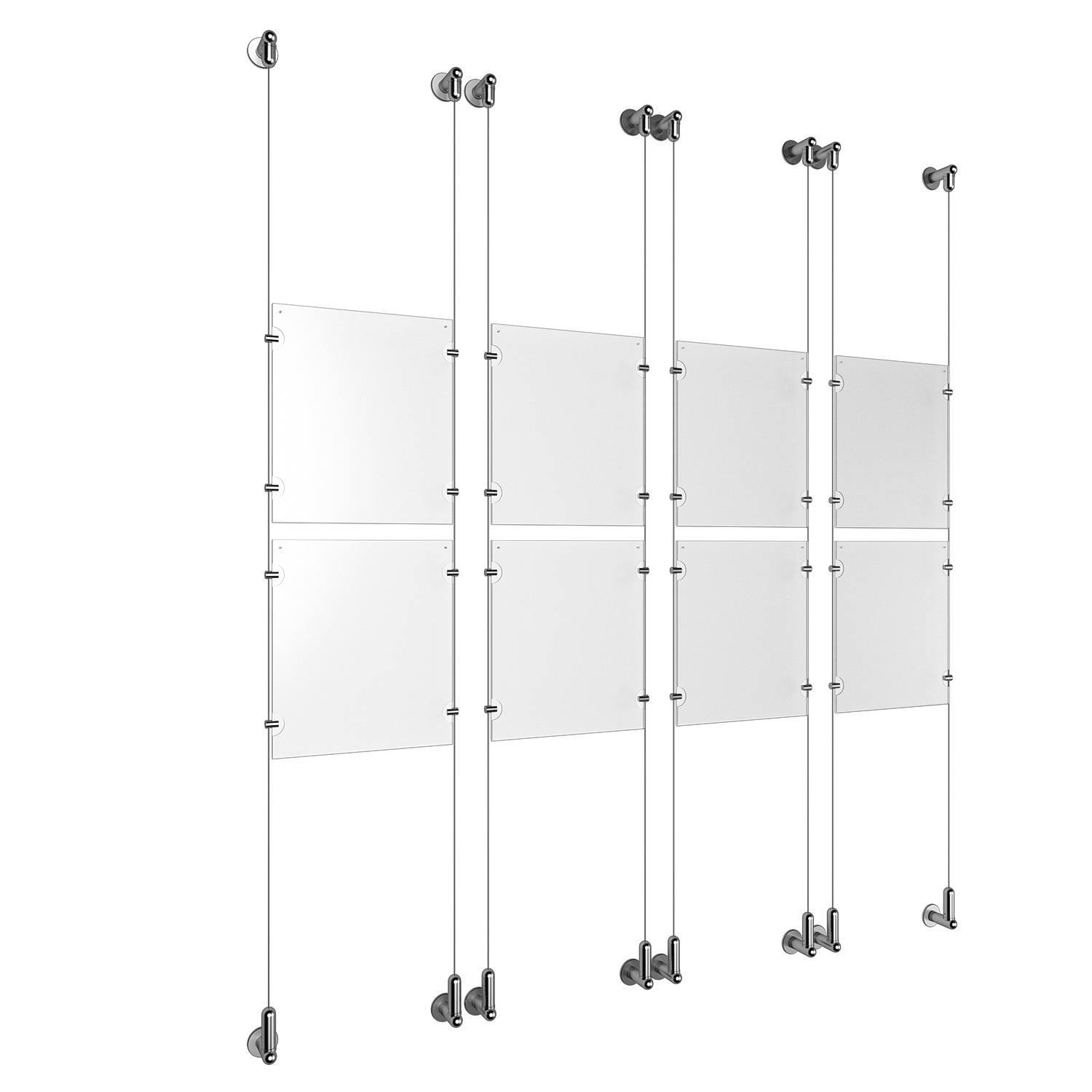(8) 8-1/2'' Width x 11'' Height Clear Acrylic Frame & (8) Wall-to-Wall Aluminum Clear Anodized Cable Systems with (32) Single-Sided Panel Grippers