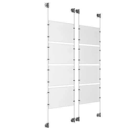 (8) 11'' Width x 8-1/2'' Height Clear Acrylic Frame & (4) Aluminum Clear Anodized Adjustable Angle Cable Systems with (32) Single-Sided Panel Grippers