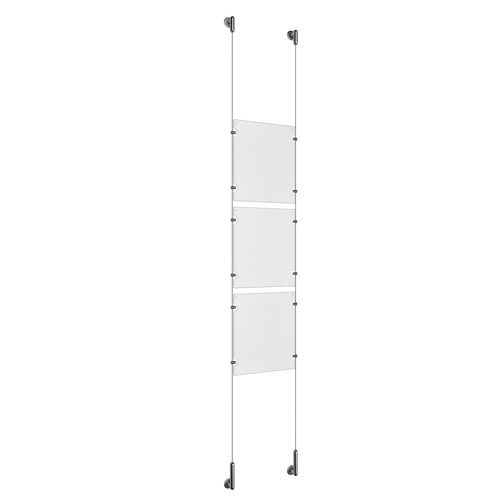 (3) 8-1/2'' Width x 11'' Height Clear Acrylic Frame & (2) Wall-to-Wall Stainless Steel Satin Brushed Cable Systems with (12) Single-Sided Panel Grippers