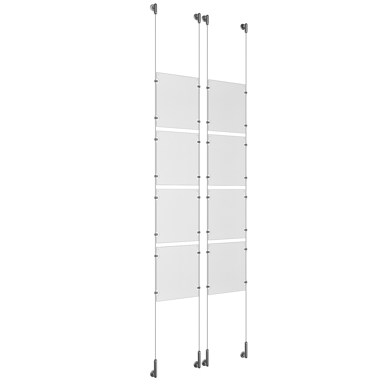(8) 8-1/2'' Width x 11'' Height Clear Acrylic Frame & (4) Wall-to-Wall Stainless Steel Satin Brushed Cable Systems with (32) Single-Sided Panel Grippers