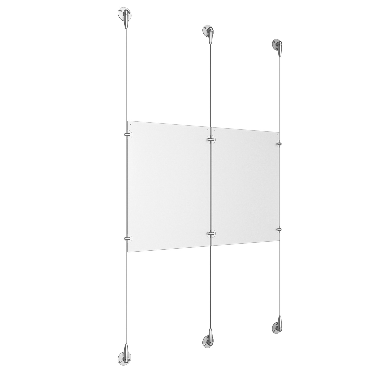 (2) 11'' Width x 17'' Height Clear Acrylic Frame & (3) Aluminum Clear Anodized Adjustable Angle Signature Cable Systems with (4) Single-Sided Panel Grippers (2) Double-Sided Panel Grippers