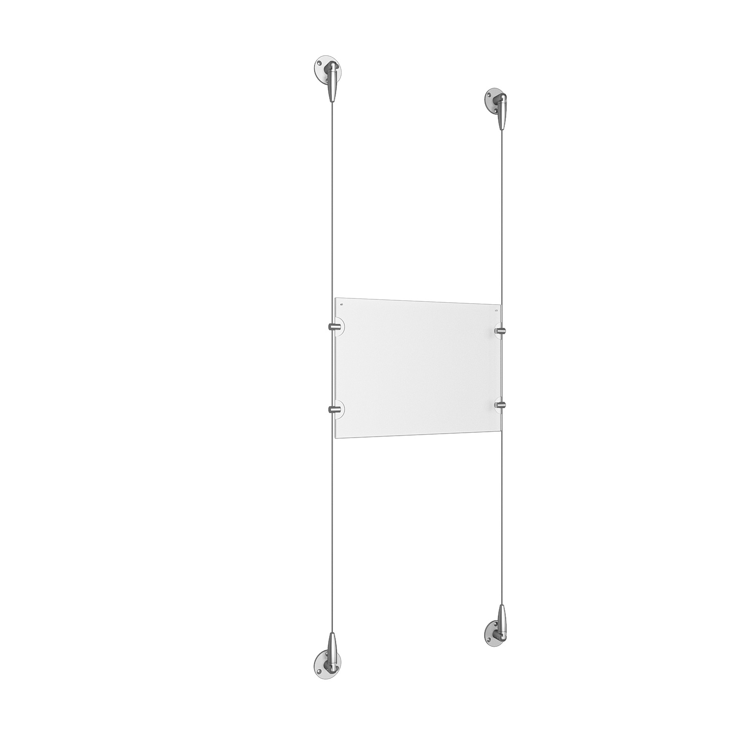 (1) 11'' Width x 8.5'' Height Clear Acrylic Frame & (2) Aluminum Clear Anodized Adjustable Angle Signature Cable Systems with (4) Single-Sided Panel Grippers