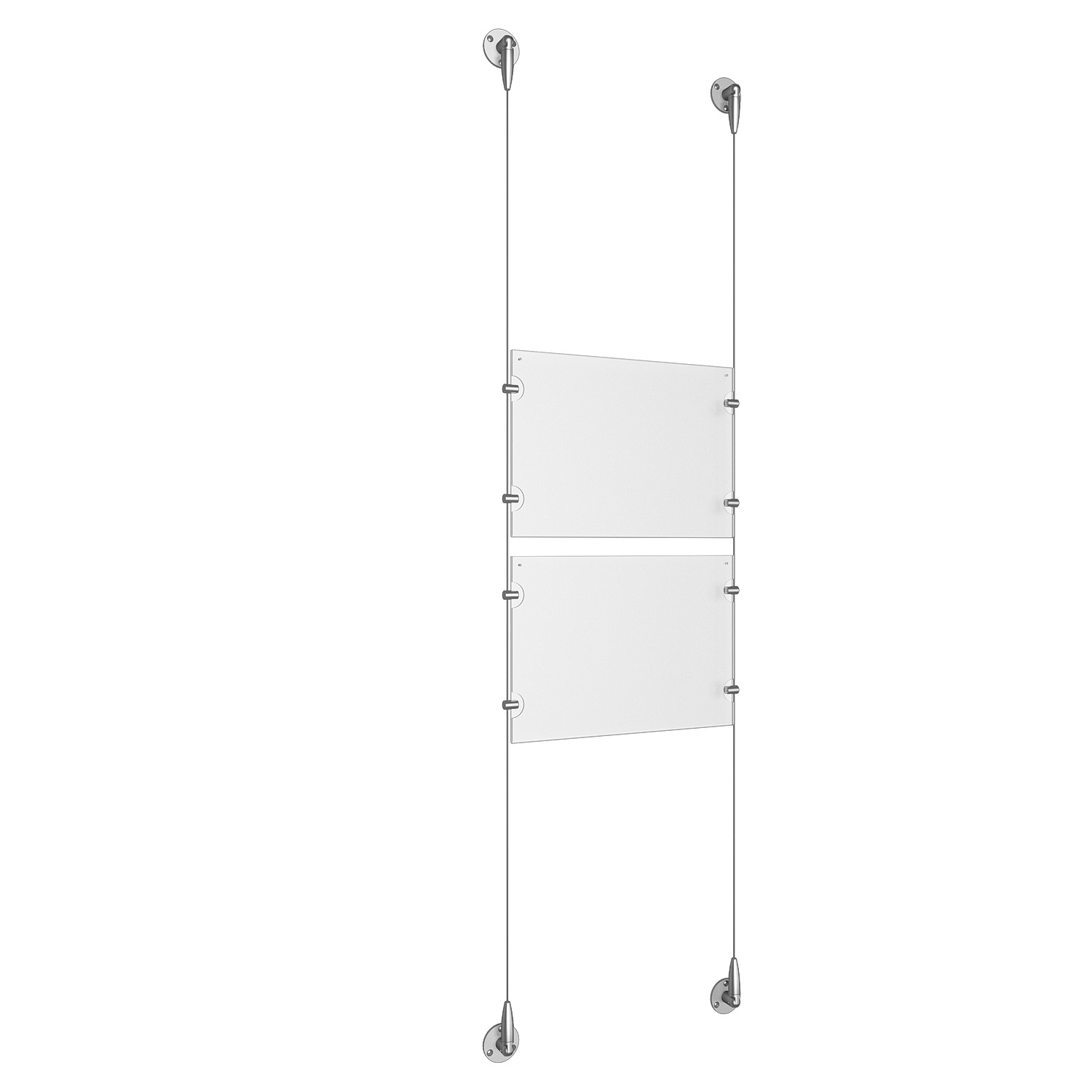(2) 11'' Width x 8-1/2'' Height Clear Acrylic Frame & (2) Aluminum Clear Anodized Adjustable Angle Signature Cable Systems with (8) Single-Sided Panel Grippers