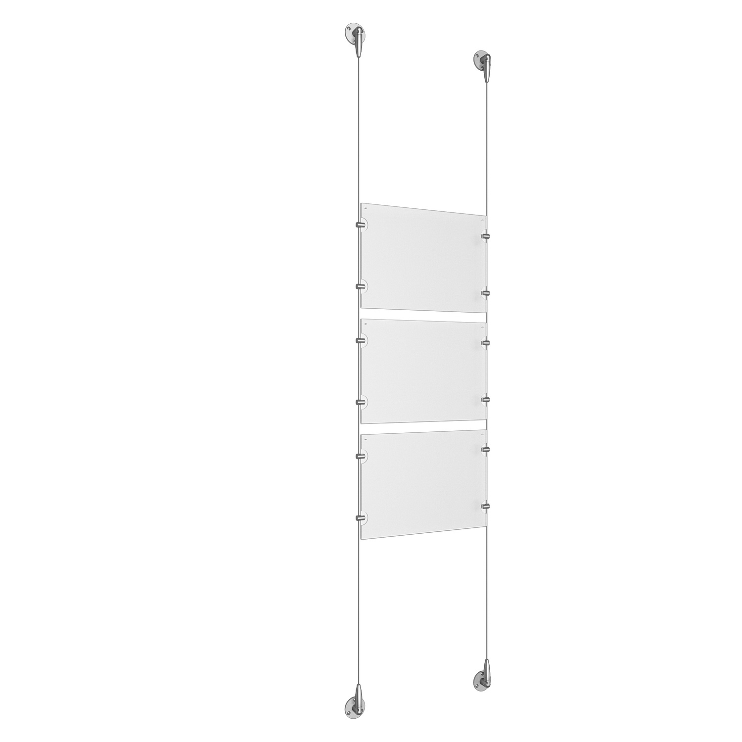 (3) 11'' Width x 8-1/2'' Height Clear Acrylic Frame & (2) Aluminum Clear Anodized Adjustable Angle Signature Cable Systems with (12) Single-Sided Panel Grippers