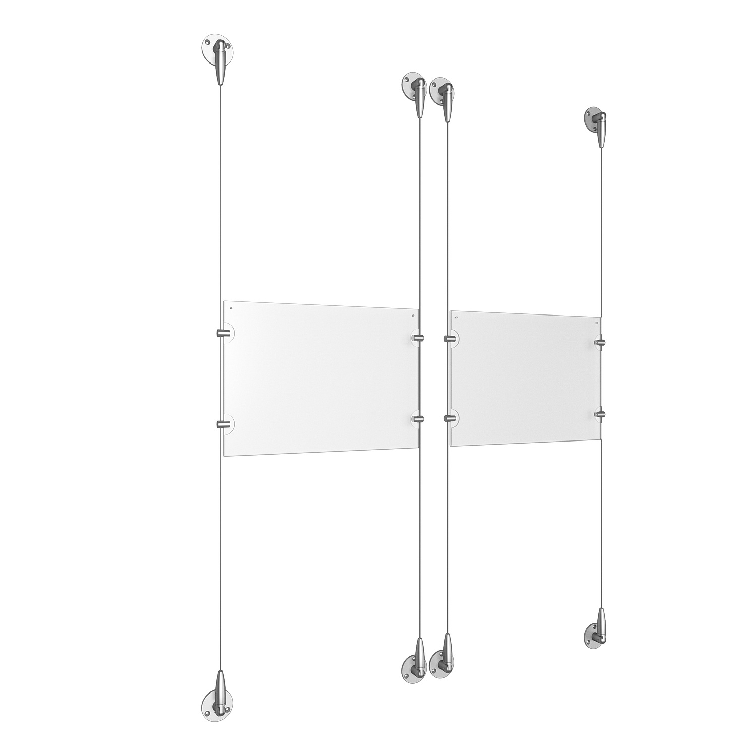 (2) 11'' Width x 8-1/2'' Height Clear Acrylic Frame & (4) Aluminum Clear Anodized Adjustable Angle Signature Cable Systems with (8) Single-Sided Panel Grippers