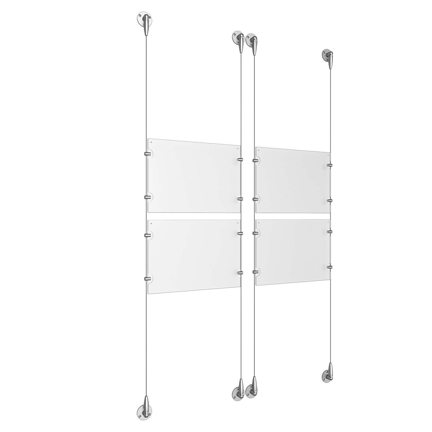 (4) 11'' Width x 8-1/2'' Height Clear Acrylic Frame & (4) Aluminum Clear Anodized Adjustable Angle Signature Cable Systems with (16) Single-Sided Panel Grippers