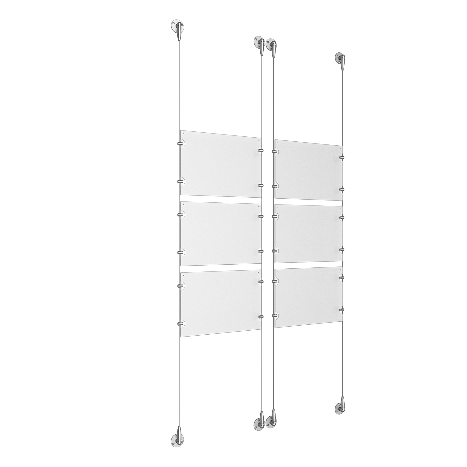 (6) 11'' Width x 8-1/2'' Height Clear Acrylic Frame & (4) Aluminum Clear Anodized Adjustable Angle Signature Cable Systems with (24) Single-Sided Panel Grippers