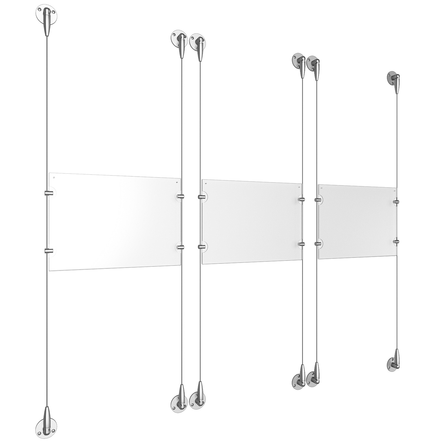 (3) 11'' Width x 8-1/2'' Height Clear Acrylic Frame & (6) Aluminum Clear Anodized Adjustable Angle Signature Cable Systems with (12) Single-Sided Panel Grippers
