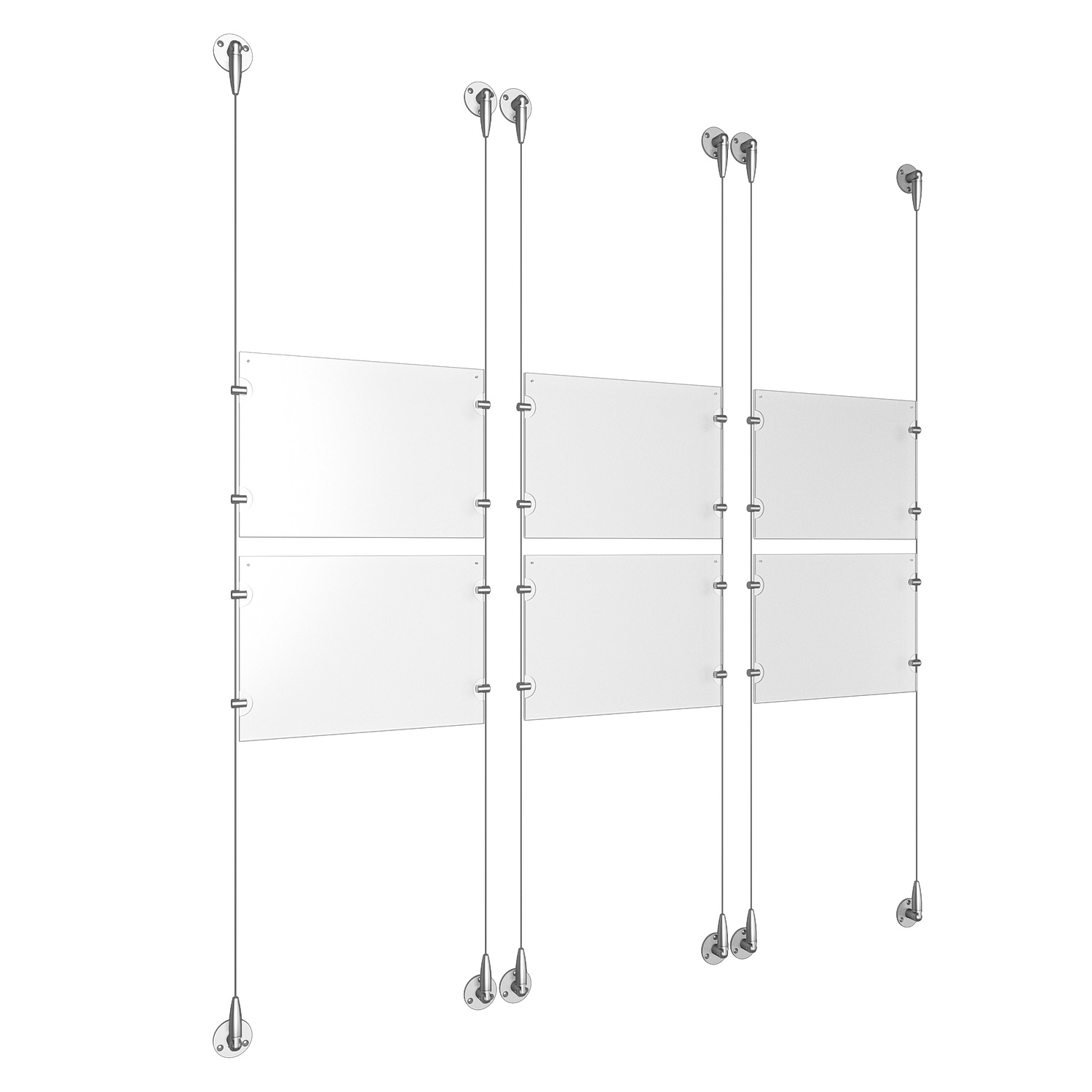 (6) 11'' Width x 8-1/2'' Height Clear Acrylic Frame & (6) Aluminum Clear Anodized Adjustable Angle Signature Cable Systems with (24) Single-Sided Panel Grippers