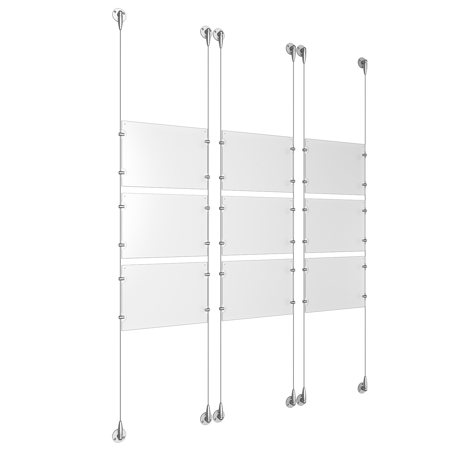 (9) 11'' Width x 8-1/2'' Height Clear Acrylic Frame & (6) Aluminum Clear Anodized Adjustable Angle Signature Cable Systems with (36) Single-Sided Panel Grippers