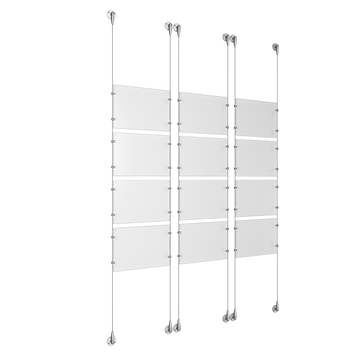 (12) 11'' Width x 8-1/2'' Height Clear Acrylic Frame & (6) Aluminum Clear Anodized Adjustable Angle Signature Cable Systems with (48) Single-Sided Panel Grippers