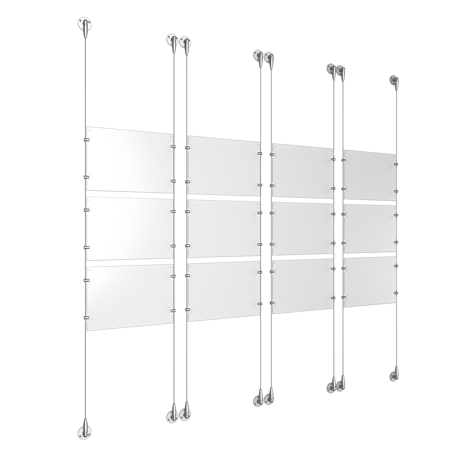 (12) 11'' Width x 8-1/2'' Height Clear Acrylic Frame & (8) Aluminum Clear Anodized Adjustable Angle Signature Cable Systems with (48) Single-Sided Panel Grippers