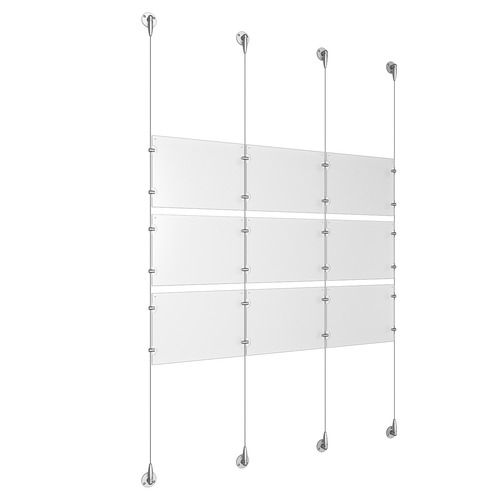 (9) 11'' Width x 8-1/2'' Height Clear Acrylic Frame & (4) Aluminum Clear Anodized Adjustable Angle Signature Cable Systems with (12) Single-Sided Panel Grippers (12) Double-Sided Panel Grippers