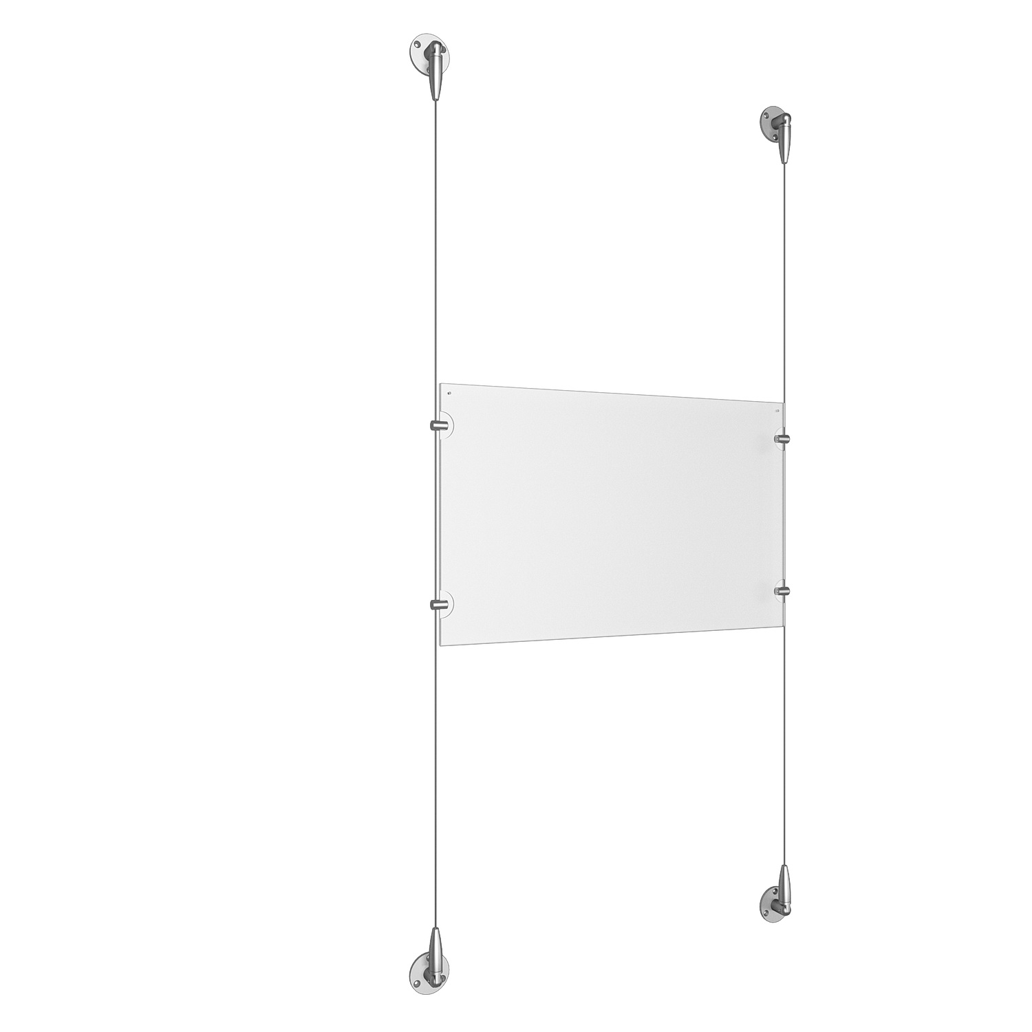 (1) 17'' Width x 11'' Height Clear Acrylic Frame & (2) Aluminum Clear Anodized Adjustable Angle Signature Cable Systems with (4) Single-Sided Panel Grippers