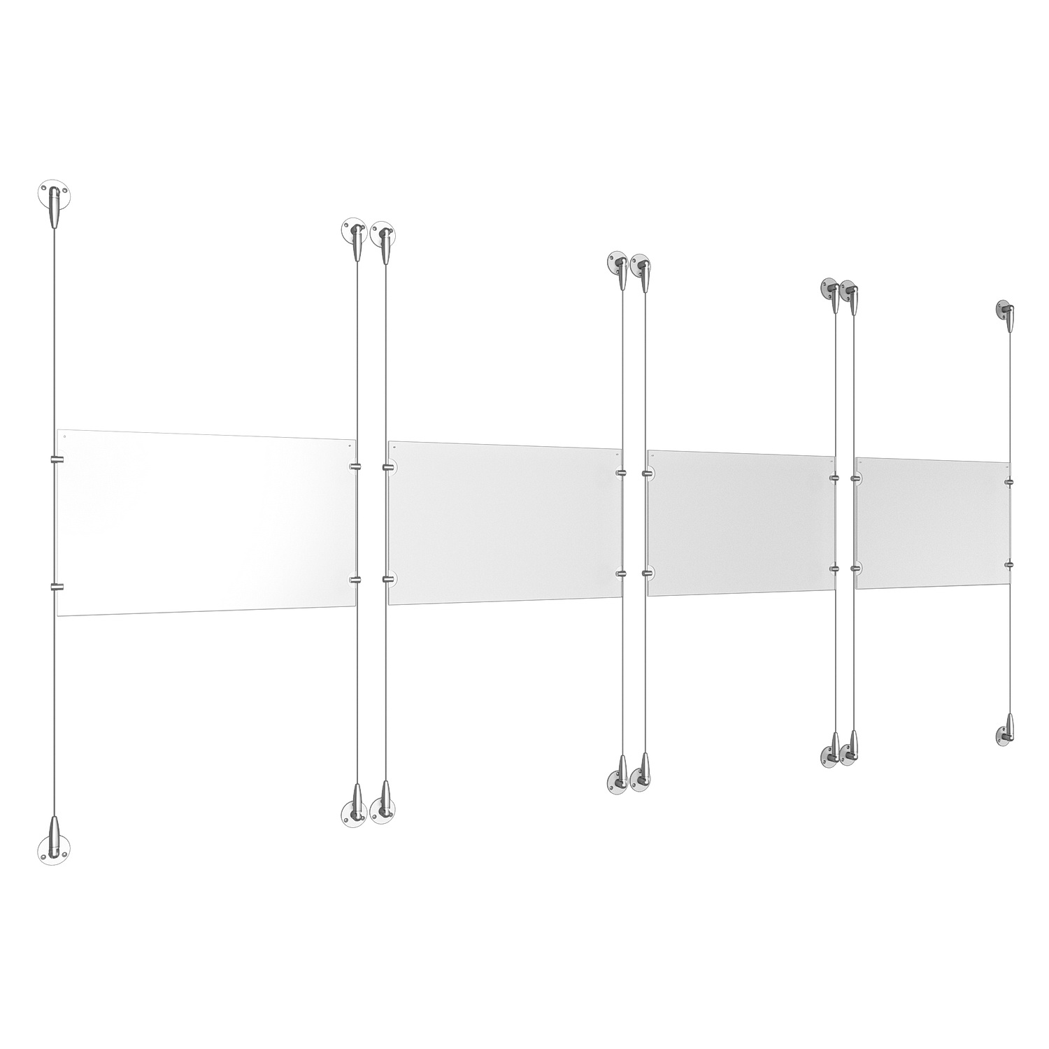 (4) 17'' Width x 11'' Height Clear Acrylic Frame & (8) Aluminum Clear Anodized Adjustable Angle Signature Cable Systems with (16) Single-Sided Panel Grippers