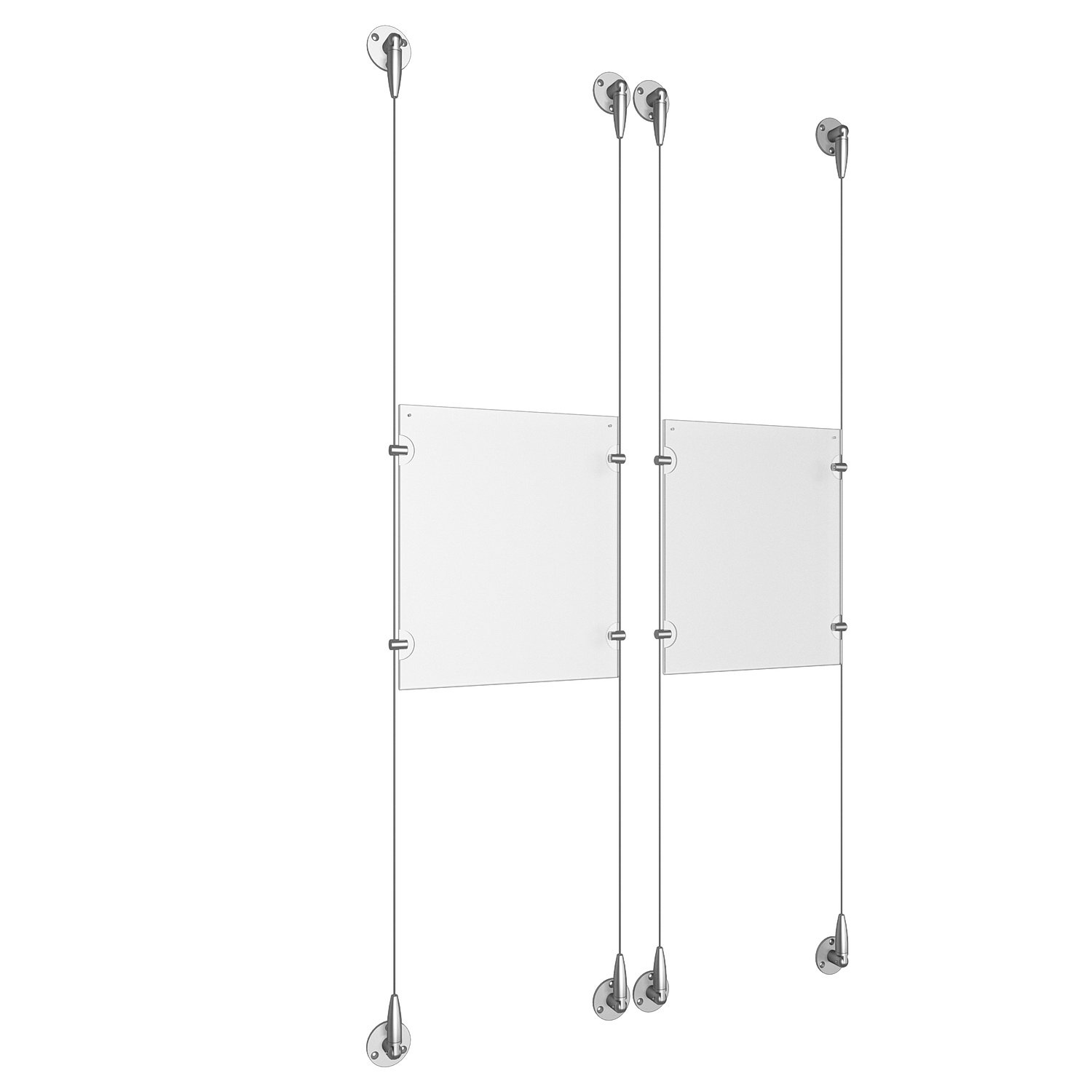 (2) 8-1/2'' Width x 11'' Height Clear Acrylic Frame & (4) Aluminum Clear Anodized Adjustable Angle Signature Cable Systems with (8) Single-Sided Panel Grippers