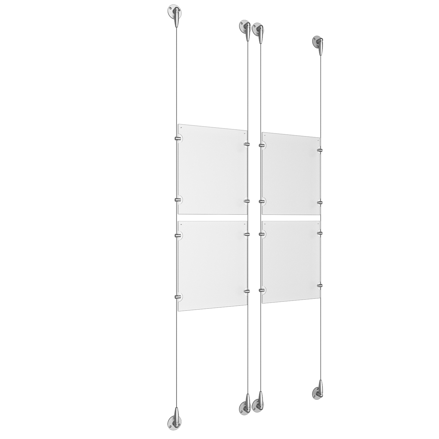 (4) 8-1/2'' Width x 11'' Height Clear Acrylic Frame & (4) Aluminum Clear Anodized Adjustable Angle Signature Cable Systems with (16) Single-Sided Panel Grippers