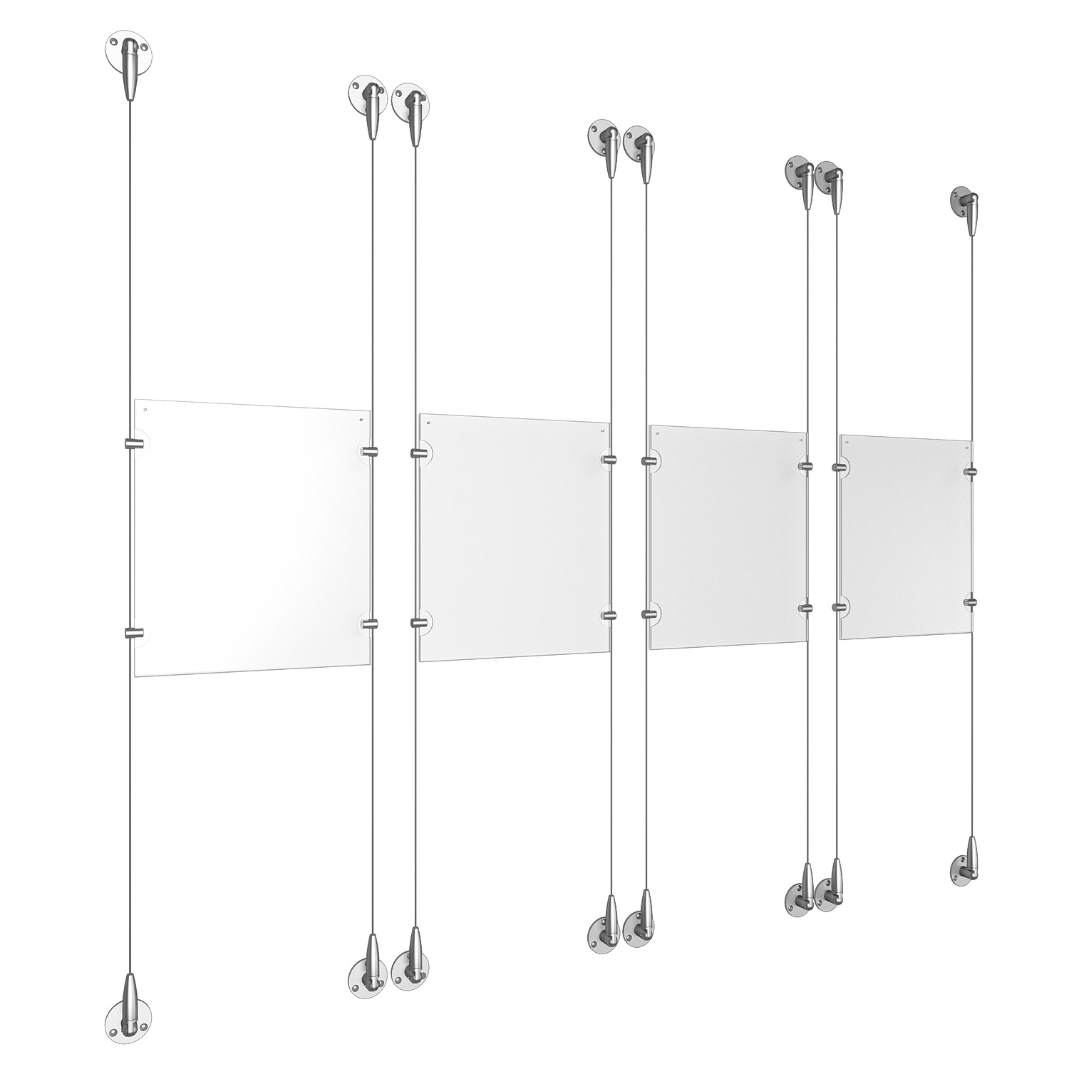 (4) 8-1/2'' Width x 11'' Height Clear Acrylic Frame & (8) Aluminum Clear Anodized Adjustable Angle Signature Cable Systems with (16) Single-Sided Panel Grippers