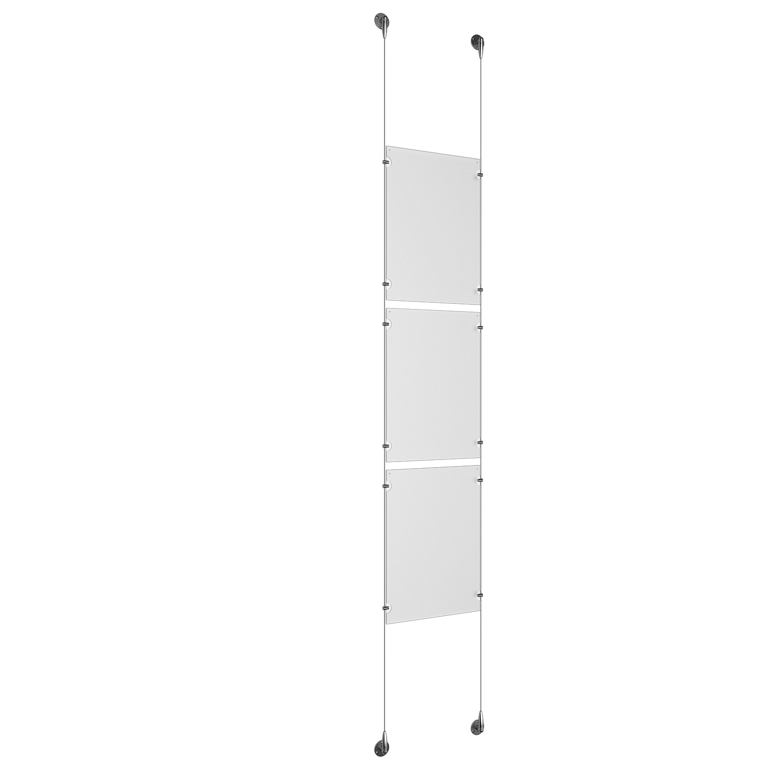 (3) 11'' Width x 17'' Height Clear Acrylic Frame & (2) Aluminum Chrome Polished Adjustable Angle Signature Cable Systems with (12) Single-Sided Panel Grippers