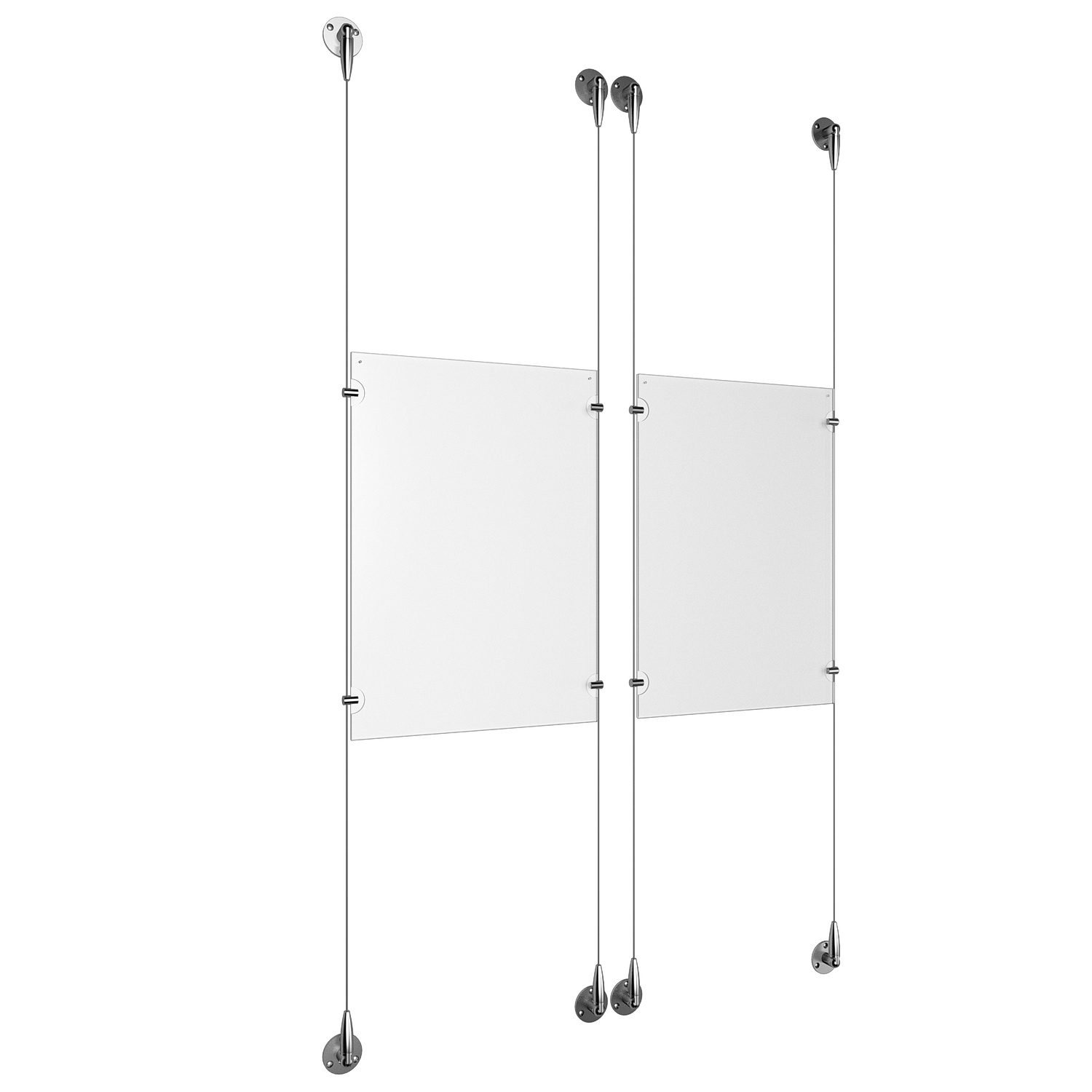 (2) 11'' Width x 17'' Height Clear Acrylic Frame & (4) Aluminum Chrome Polished Adjustable Angle Signature Cable Systems with (8) Single-Sided Panel Grippers