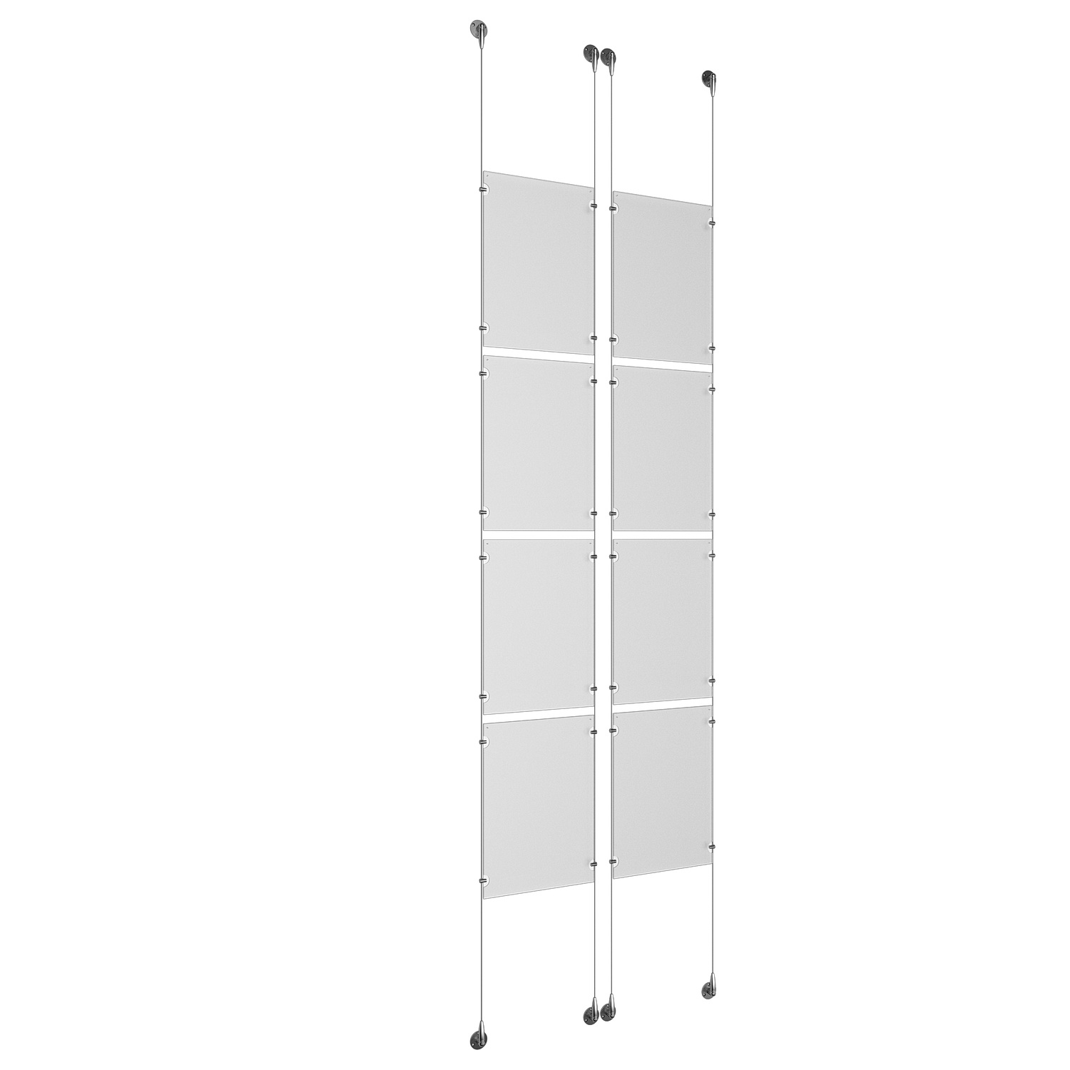 (8) 11'' Width x 17'' Height Clear Acrylic Frame & (4) Aluminum Chrome Polished Adjustable Angle Signature Cable Systems with (32) Single-Sided Panel Grippers