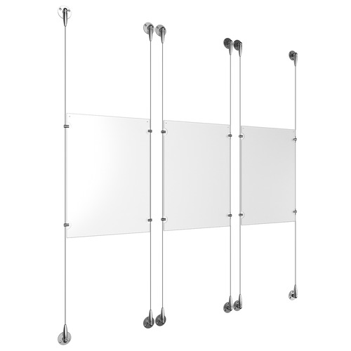 (3) 11'' Width x 17'' Height Clear Acrylic Frame & (6) Aluminum Chrome Polished Adjustable Angle Signature Cable Systems with (12) Single-Sided Panel Grippers