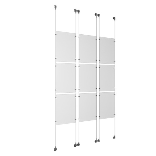 (9) 11'' Width x 17'' Height Clear Acrylic Frame & (6) Aluminum Chrome Polished Adjustable Angle Signature Cable Systems with (36) Single-Sided Panel Grippers
