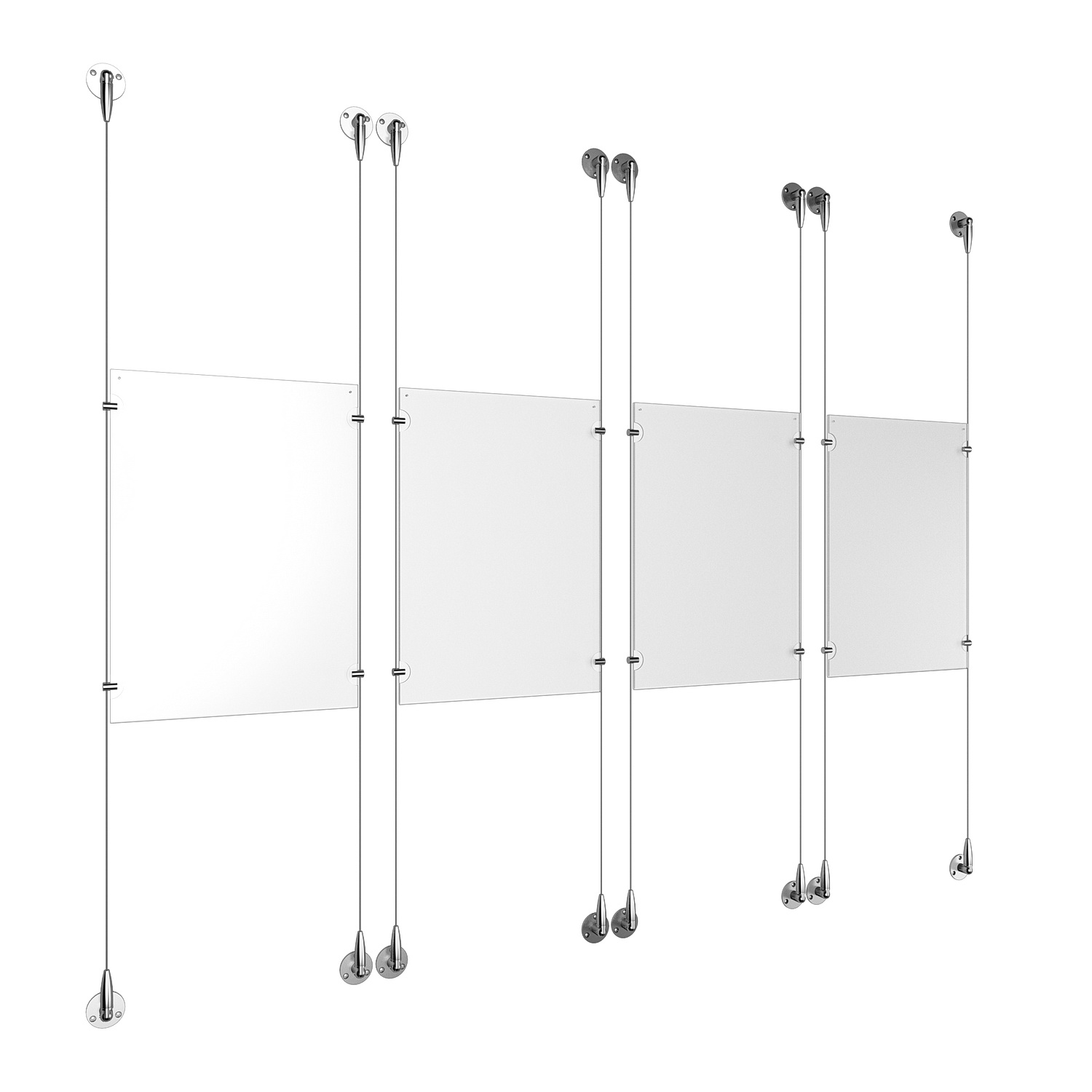 (4) 11'' Width x 17'' Height Clear Acrylic Frame & (8) Aluminum Chrome Polished Adjustable Angle Signature Cable Systems with (16) Single-Sided Panel Grippers