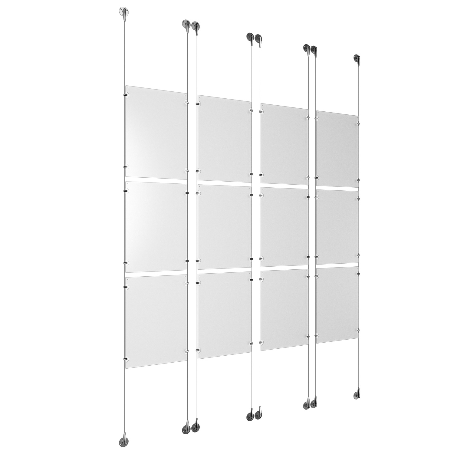 (12) 11'' Width x 17'' Height Clear Acrylic Frame & (8) Aluminum Chrome Polished Adjustable Angle Signature Cable Systems with (48) Single-Sided Panel Grippers
