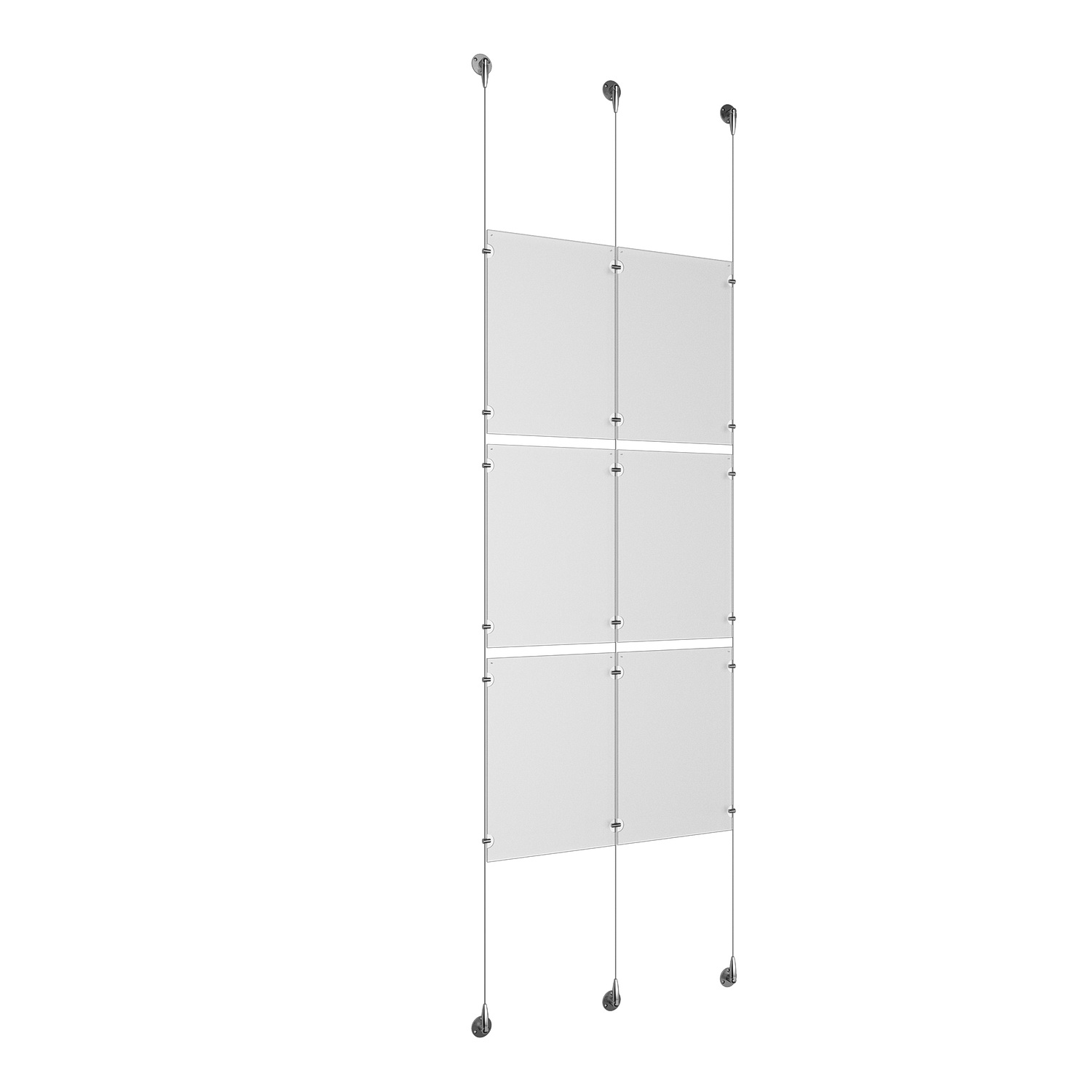 (6) 11'' Width x 17'' Height Clear Acrylic Frame & (3) Aluminum Chrome Polished Adjustable Angle Signature Cable Systems with (12) Single-Sided Panel Grippers (6) Double-Sided Panel Grippers