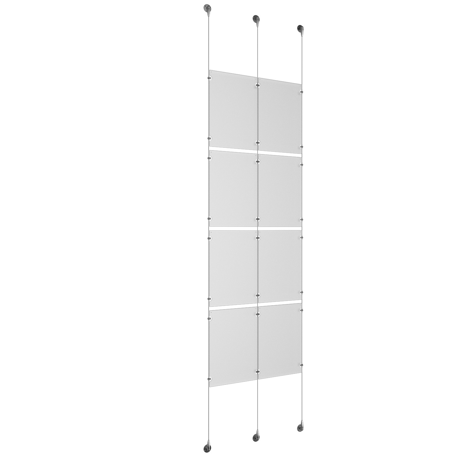 (8) 11'' Width x 17'' Height Clear Acrylic Frame & (3) Aluminum Chrome Polished Adjustable Angle Signature Cable Systems with (16) Single-Sided Panel Grippers (8) Double-Sided Panel Grippers