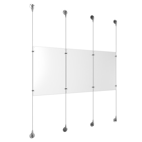 (3) 11'' Width x 17'' Height Clear Acrylic Frame & (4) Aluminum Chrome Polished Adjustable Angle Signature Cable Systems with (4) Single-Sided Panel Grippers (4) Double-Sided Panel Grippers